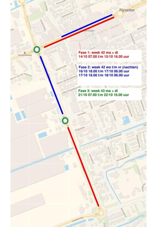 Fase 1
Wanneer:
Maandag 14 oktober 07:00 tot en met dinsdag 15 oktober 16:00 uur.
Waar:
Van rotonde Westlaan-Europalaan-Nootdorpseweg tot rotonde Oostlaan-Emmastraat-Meidoornlaan in de rijrichting van Delft naar Zoetermeer.
Van rotonde Europalaan-Korteweg tot rotonde Europalaan-Tuinderweg-Oranjelaan in beide rijrichtingen.
Fase 2
Wanneer:
Woensdag 16 oktober 18:00 uur tot en met donderdag 17 oktober 06:00 uur.
Donderdag 17 oktober 18:00 uur tot en met vrijdag 18 oktober 06:00 uur.
Waar:
Van rotonde Westlaan-Europalaan-Nootdorpseweg tot rotonde Europalaan-Korteweg in beide rijrichtingen.
Van rotonde Oostlaan-Emmastraat-Meidoornlaan tot kruising Oostlaan-Westlaan in de rijrichting van Zoetermeer naar Delft.
Fase 3
Wanneer:
Maandag 21 oktober 07:00 uur tot en met dinsdag 22 oktober 16:00 uur
Waar:
Rotonde Westlaan-Europalaan-Nootdorpseweg.
Rotonde Europalaan-Korteweg.